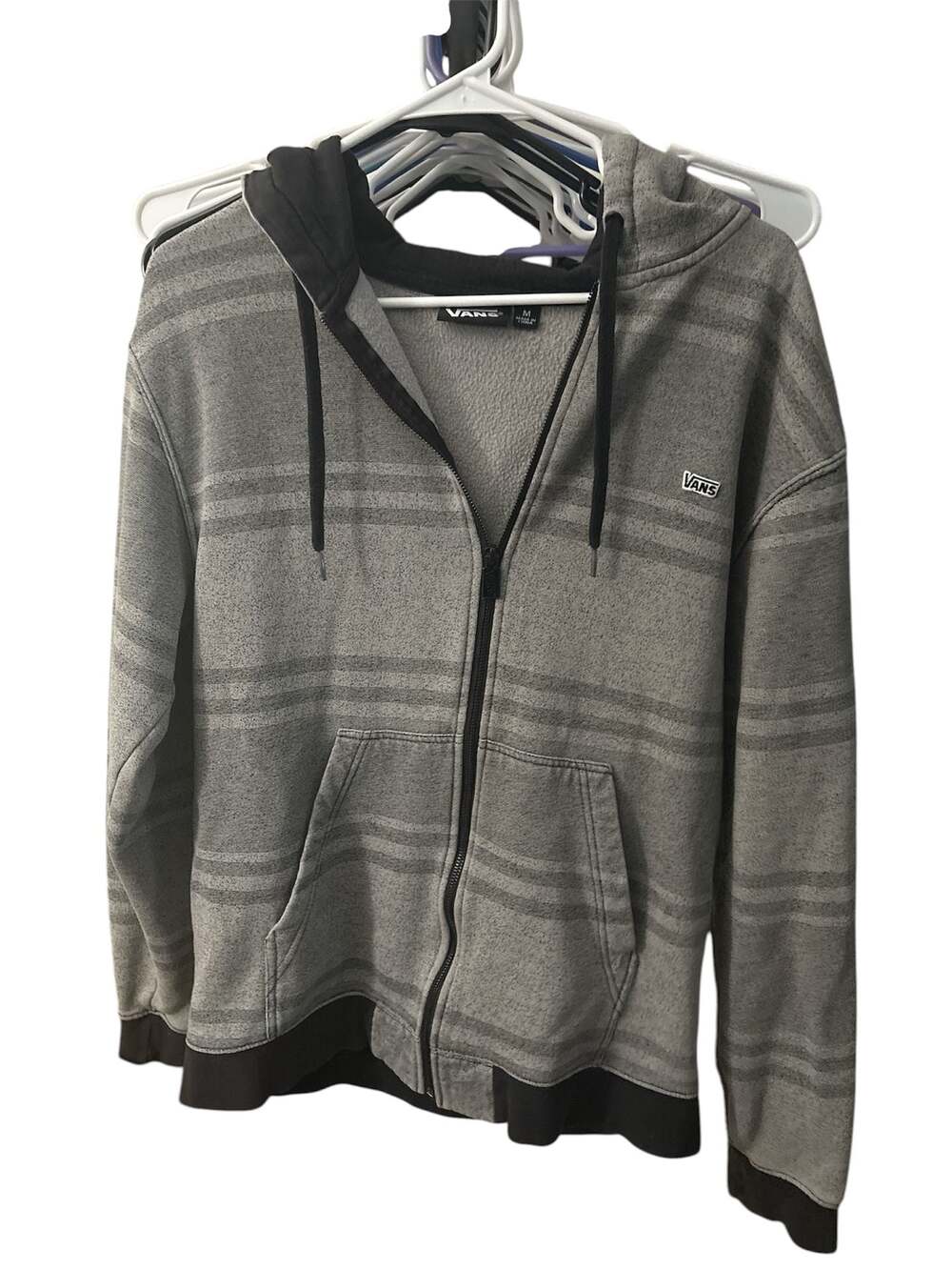 Vans Off The Wall Men's Heather Gray Striped Full Zip Hoodie Sweatshirt